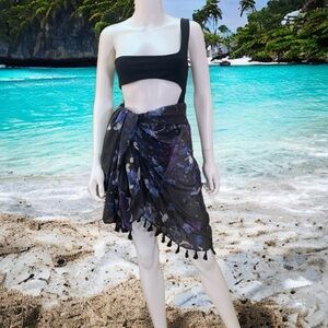 Peter Som Dream Floral Print beach fringe Sarong in Meteorite Black Blue